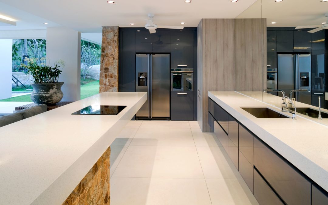 Laminate countertops beautify kitchen cabinetry.